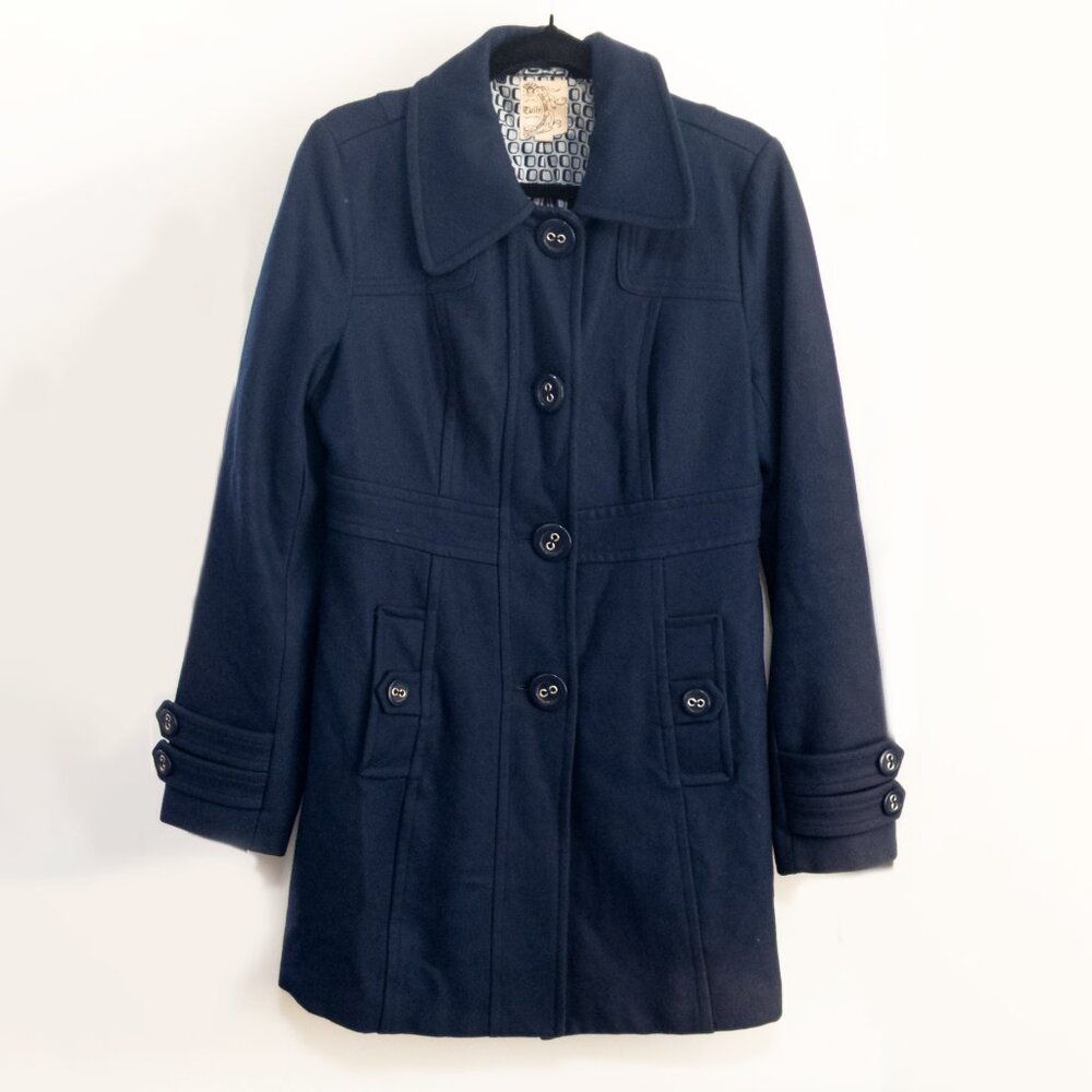 Anthropologie Tulle Trench Wool Navy Blue Peacoat Size Large London Preppy